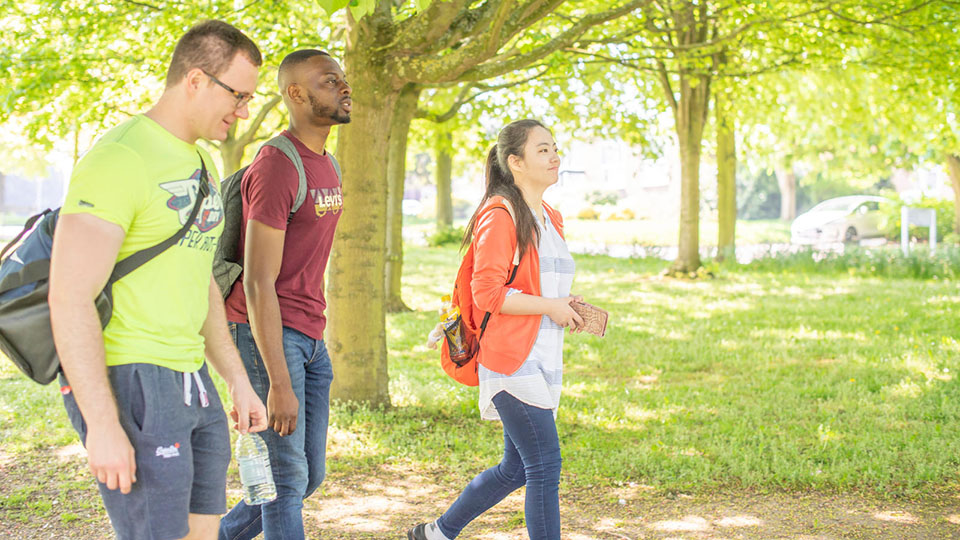 Three students walking near a tree on the Loughborough University campus